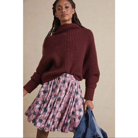 NEW Anthropologie Karina Pink Floral Flowy Pleated Pull-On Mini Skirt Large